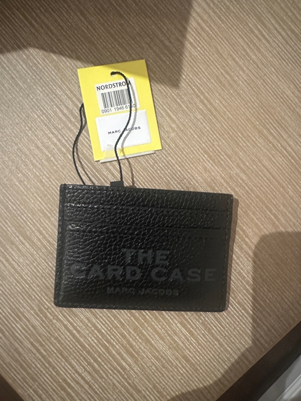 Marc Jacobs Black Pebbled Leather Card Case with Embossed Text